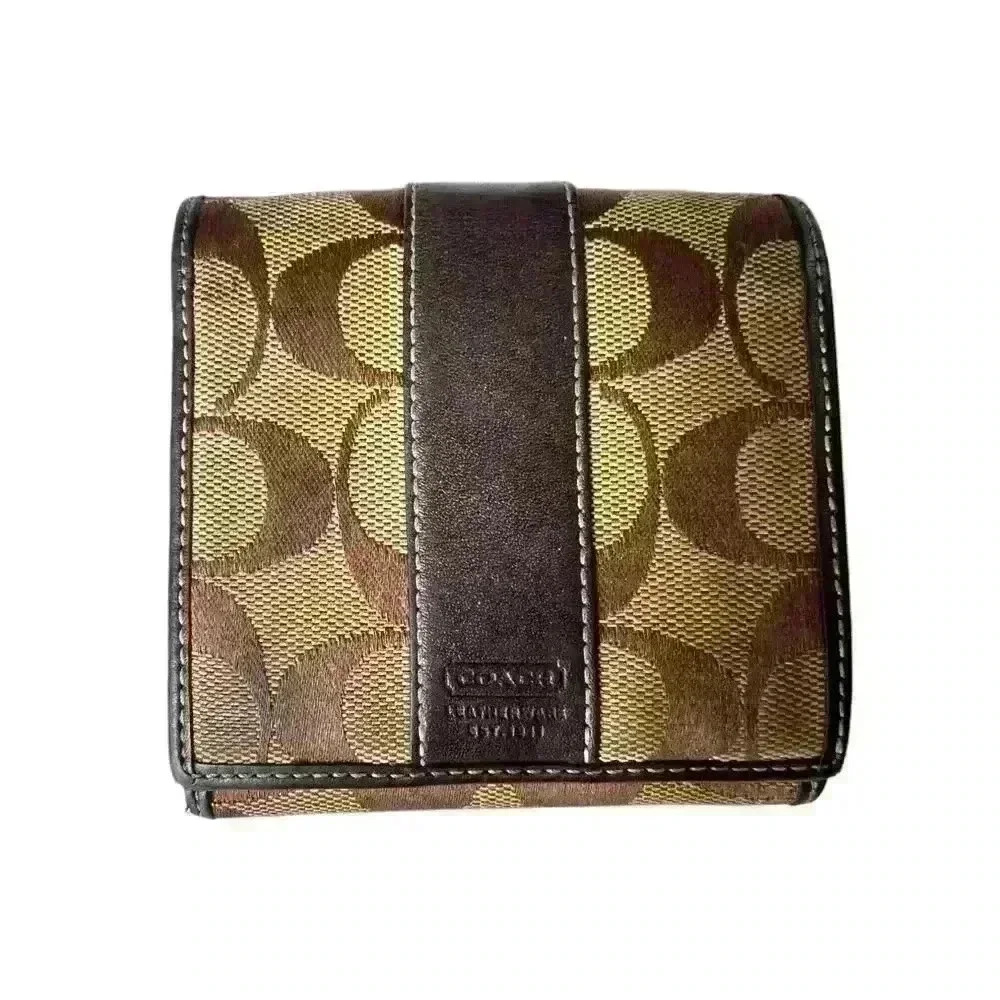 Coach Signature wallet small brown logo leather canvas bifold - Picture 2 of 9